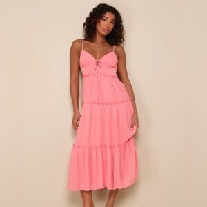 Lulus Sweetest Perception Coral Pink Ruffled Button-Front Midi Dress NWT